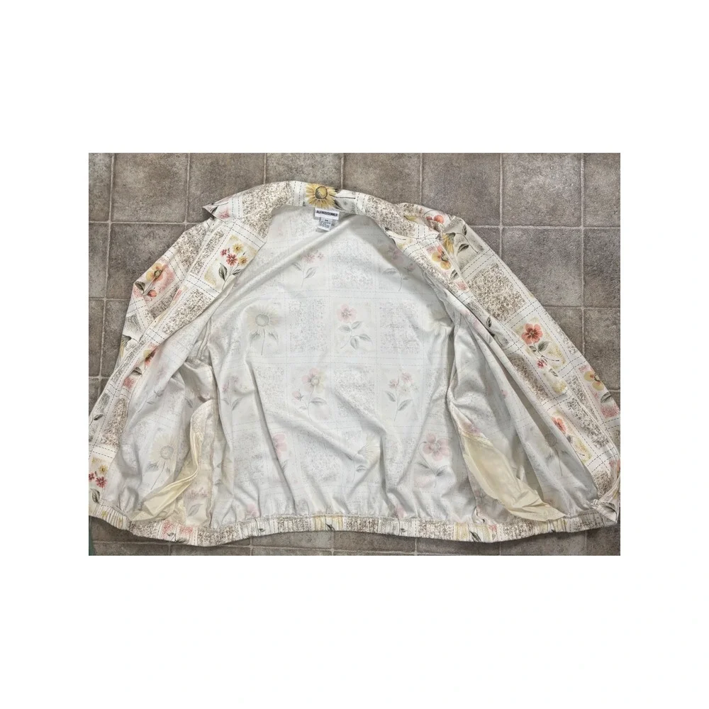 Alfred Dunner Womens 16W Floral‎ Patchwork Zip Up Jacket Beaded Sunflower White